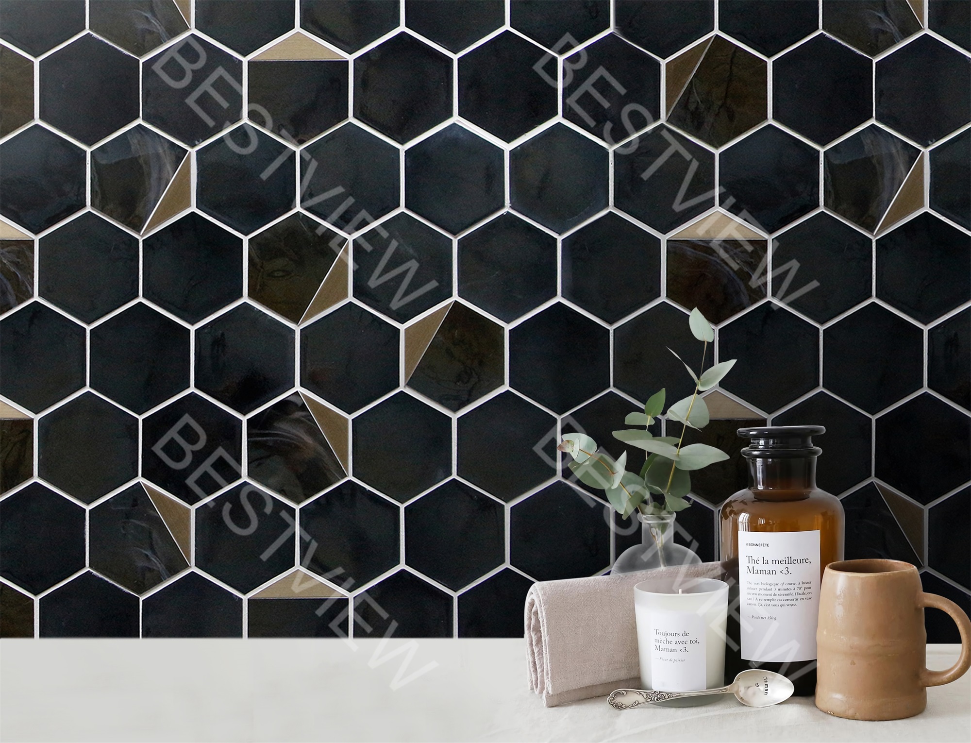 BLACK HOT GLASS WITH METAL MOSAIC 3" HEXAGON