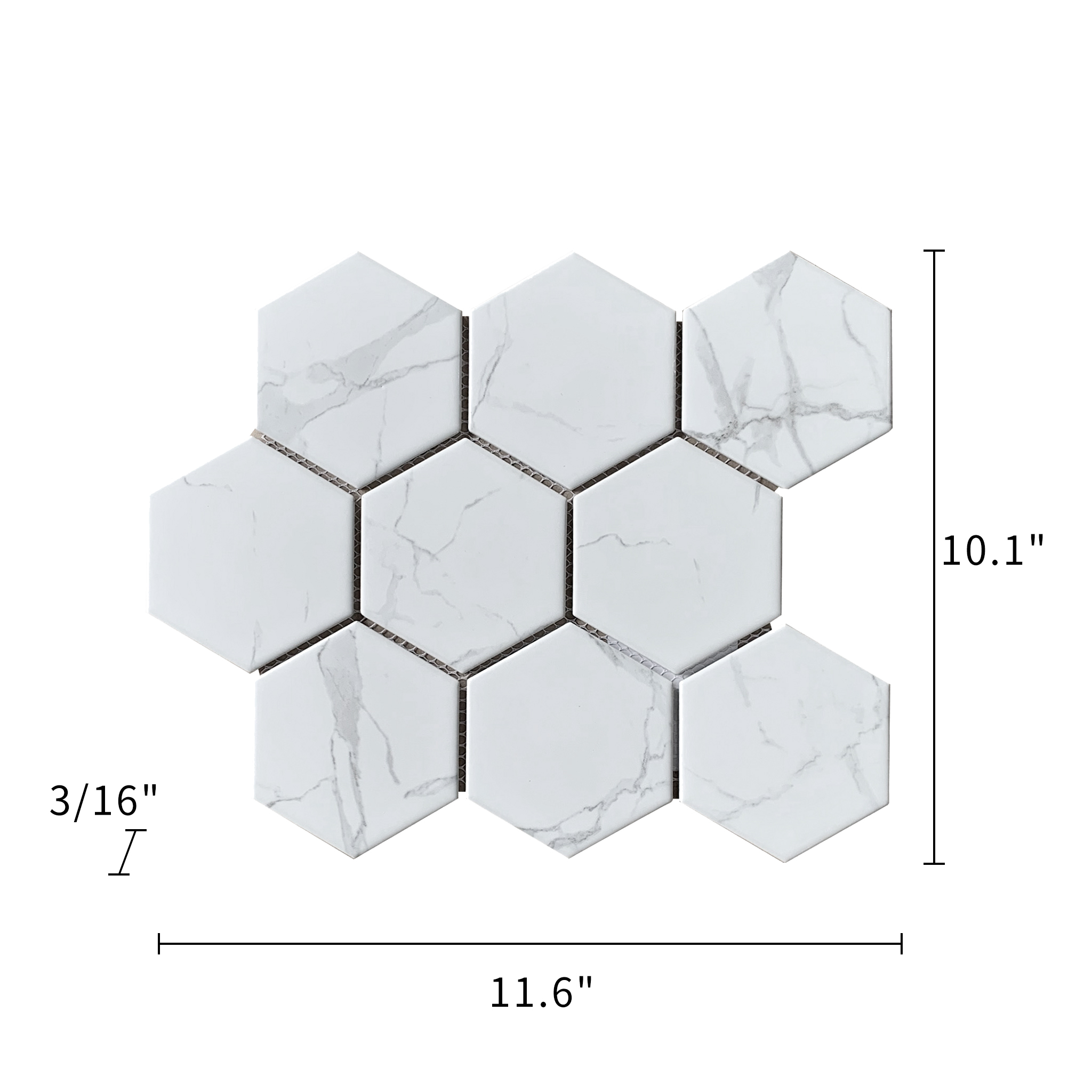 4" Hexagon Statuario White Inkjet Matte Glazed Porcelain Matte Mosaic 000725