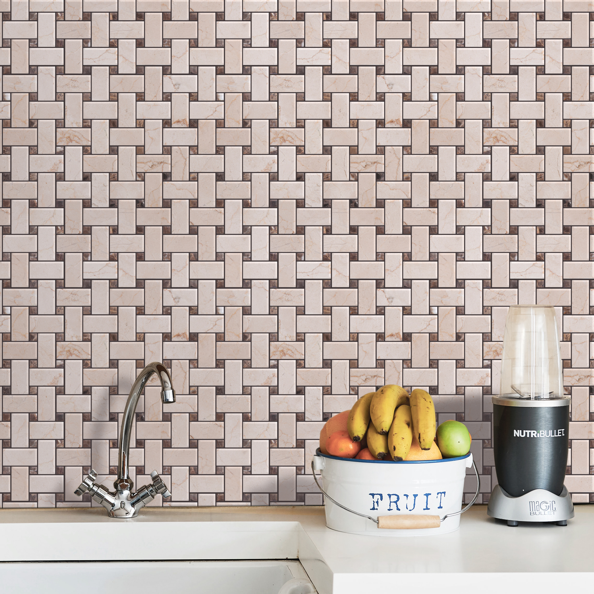 Cream Marfil With Emperador Mosaic Polished Bone Basketweave 