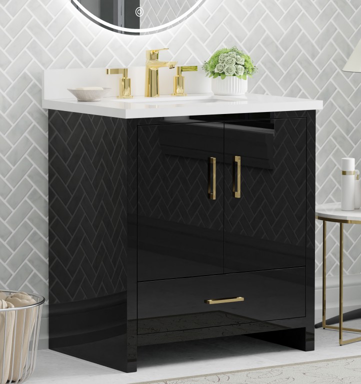 Athens 30.5 -in Vanity Combo Black With 3cm thickness Swan White Sintered Stone(Polished) Top