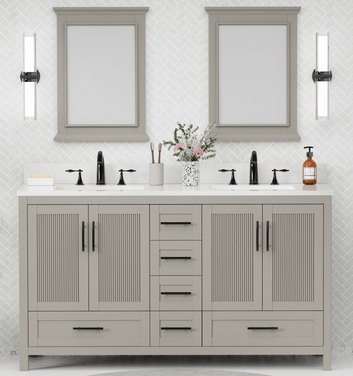 Beckville 60-in Vanity Combo Natural Wooden with White Quartz Top 