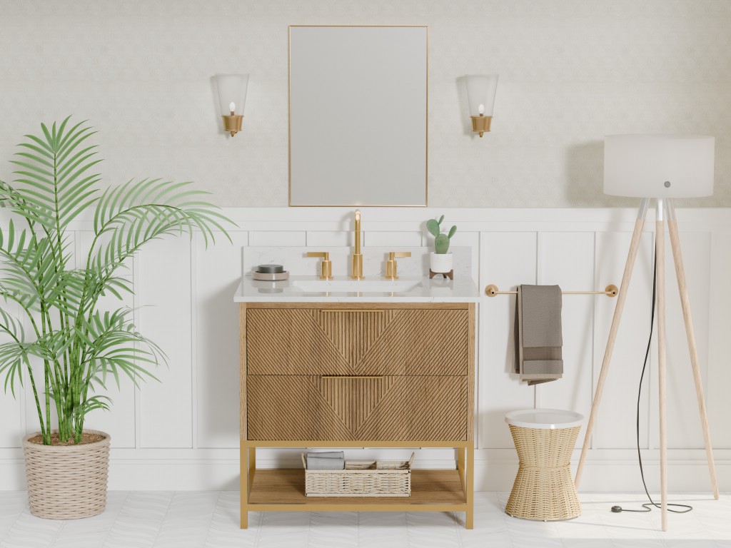 Waymart 30.5 -in Vanity Combo Brown Oak with White Quartz Top