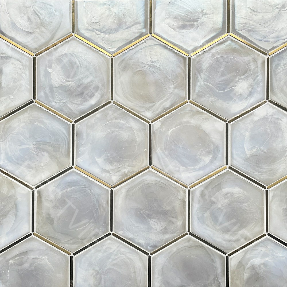  WHITE HOT GLASS WITH METAL MOSAIC 6”HEXAGON 