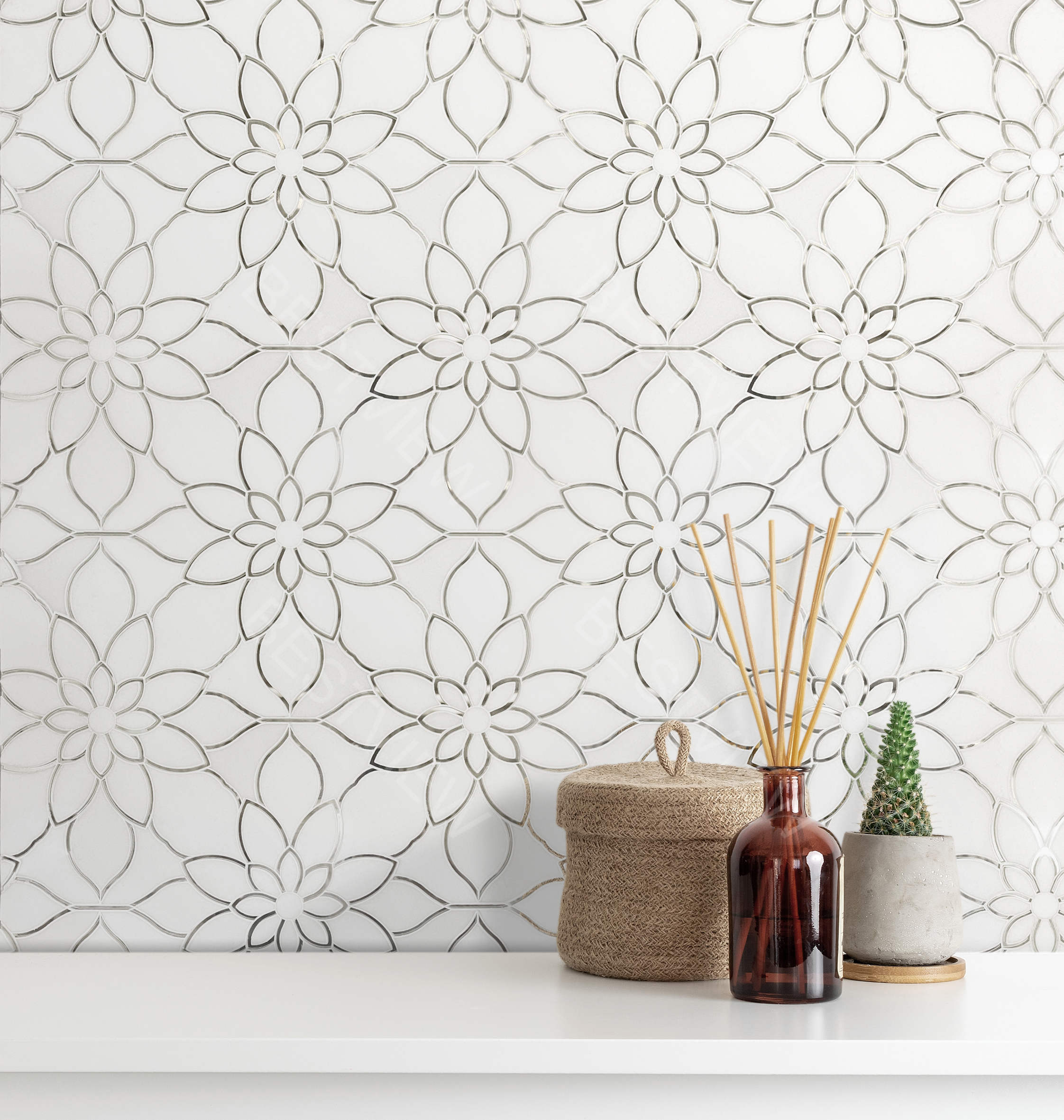 White Thassos With Mirror Waterjet Mosaic Flower Inlay