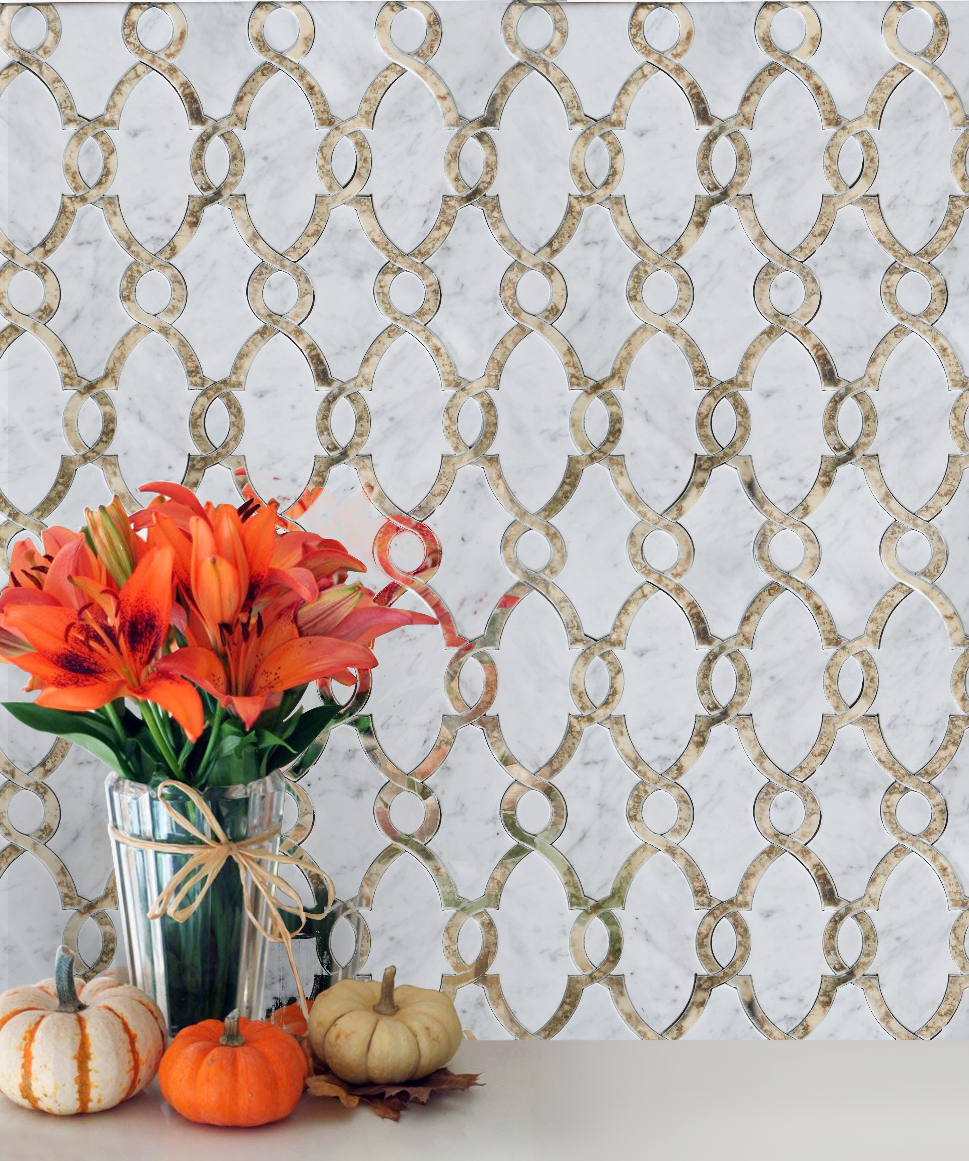 Carrara White & Antique Mirror Waterjet Mosaic