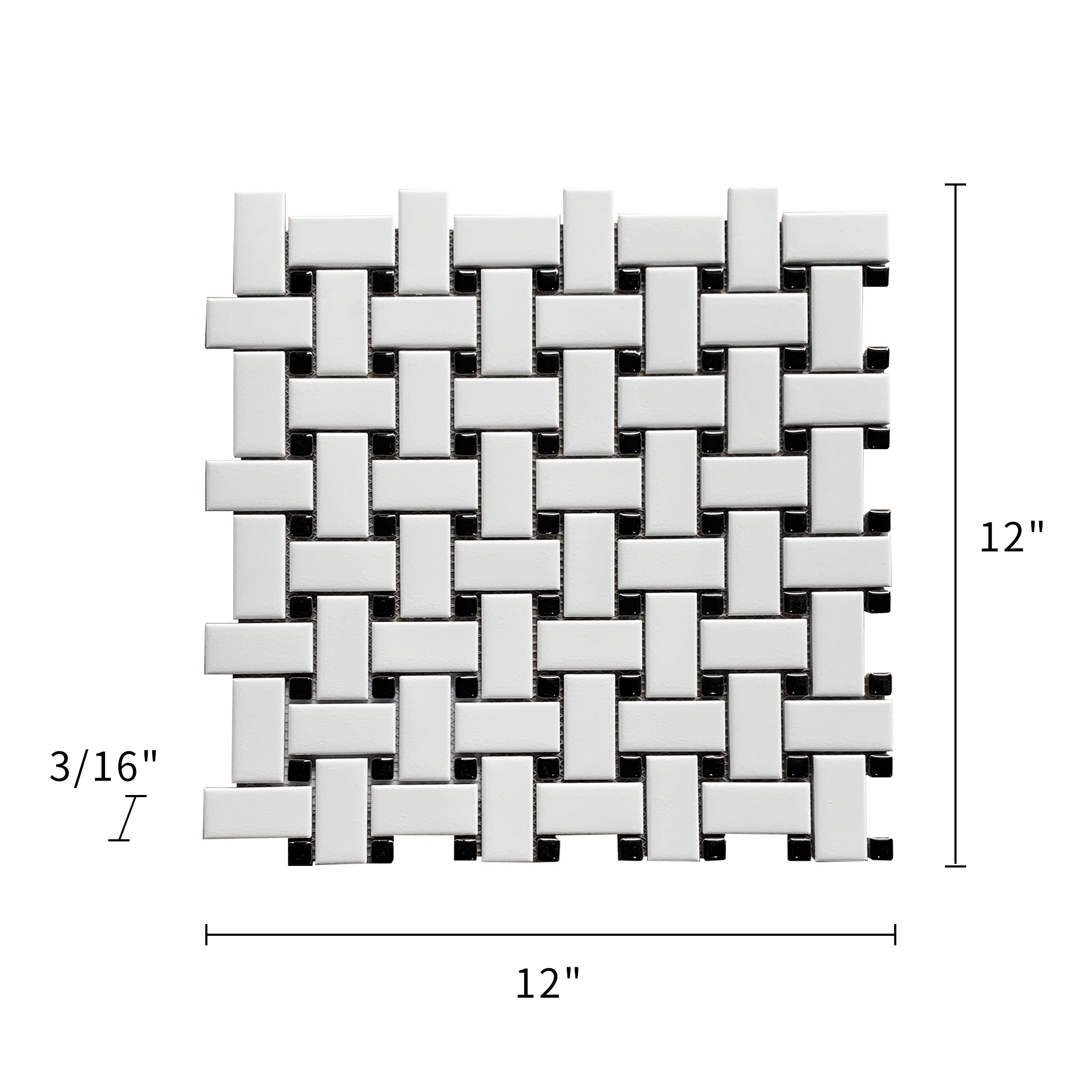 Satin Glazed White + Glossy Black Basketweave Porcelain Mosaic 000722