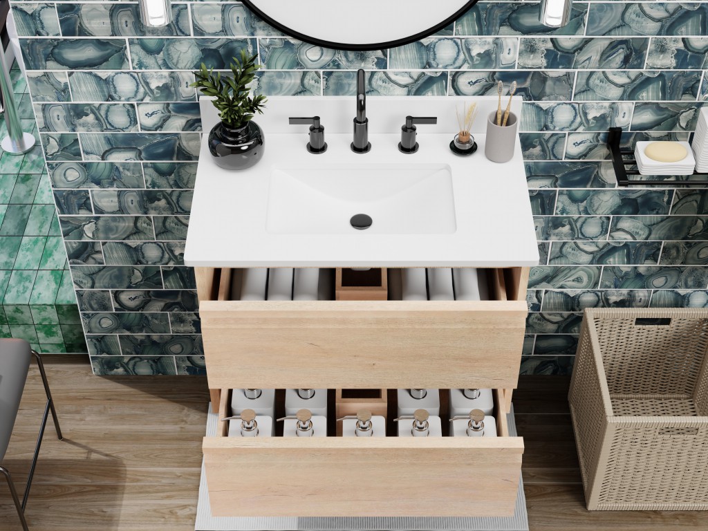 Avery30.5 -in Vanity Combo Natural Oak With White Quartz Top