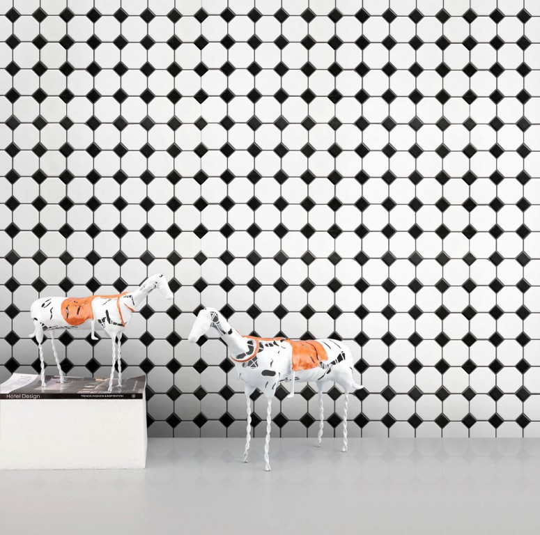 Satin Glazed White + Satin Black Octagon Porcelain Mosaic 000722