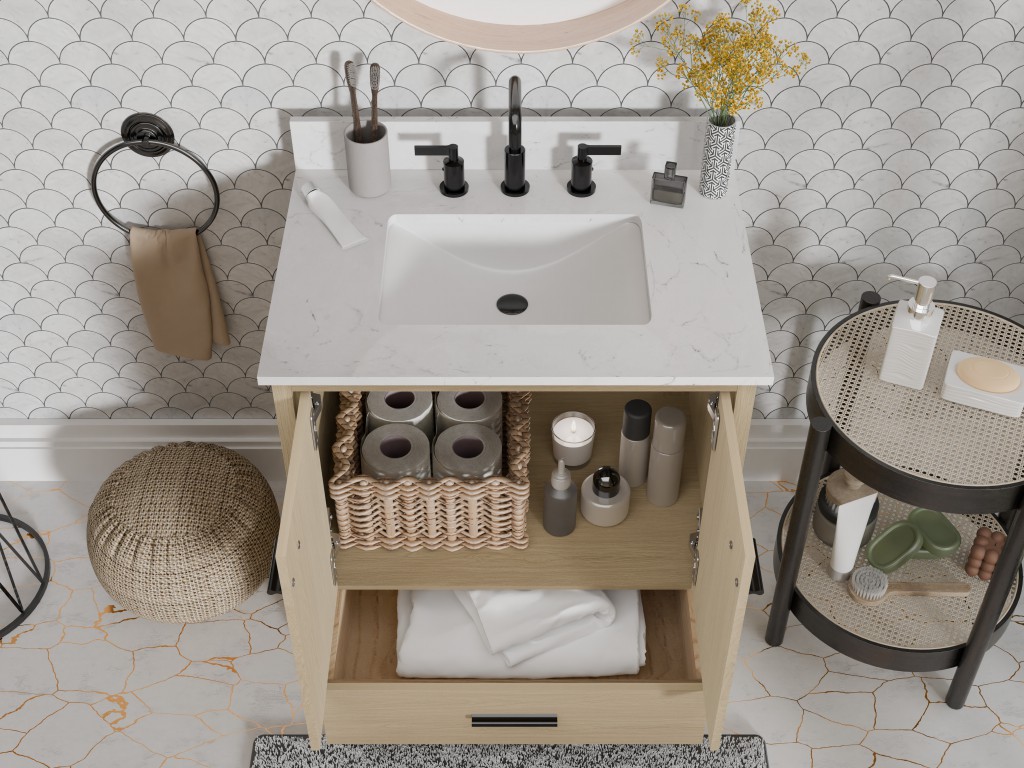 Leesville 30.5 -in Vanity Combo Natural Wood with White Quartz Top