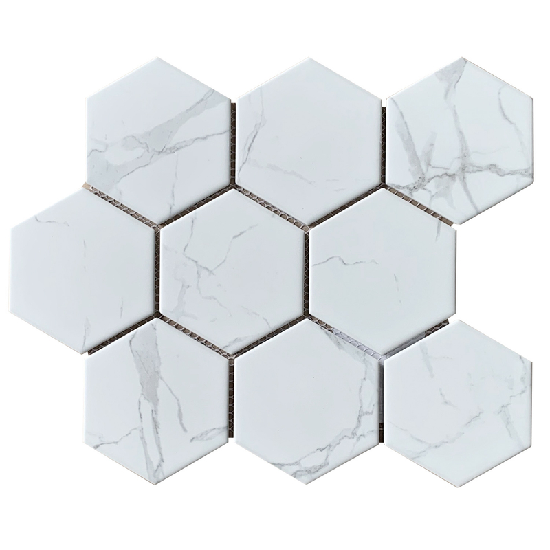 4" Hexagon Statuario White Inkjet Matte Glazed Porcelain Matte Mosaic 000725