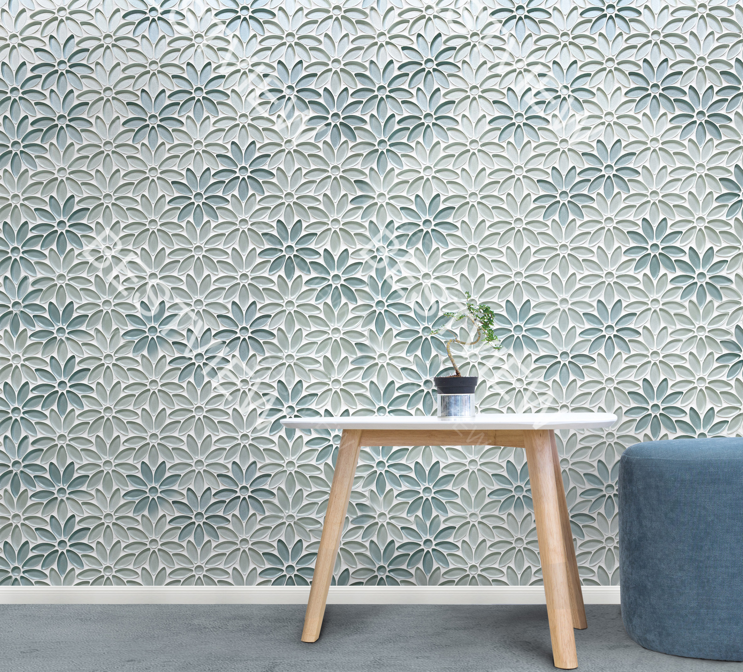 Blue And Taupe Glass Mosaic Flower